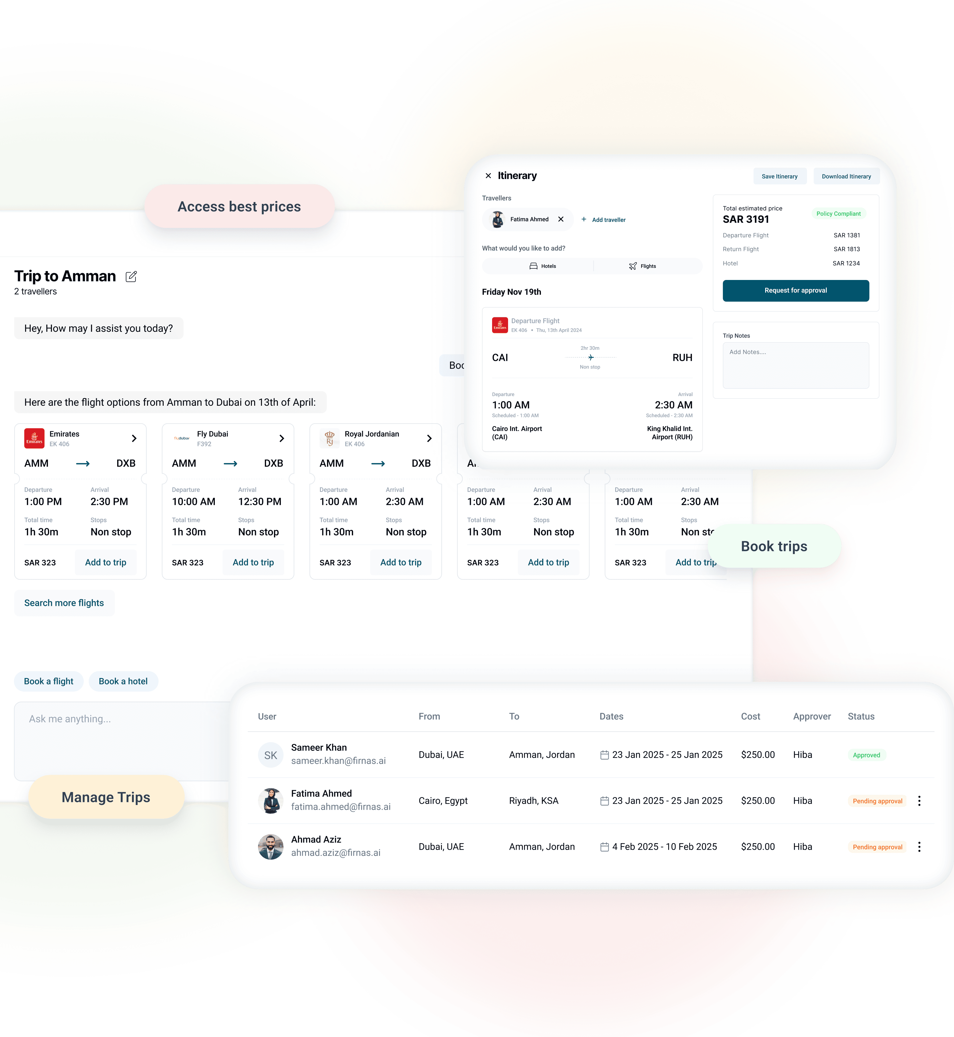 Travel management platform interface showing booking and management features