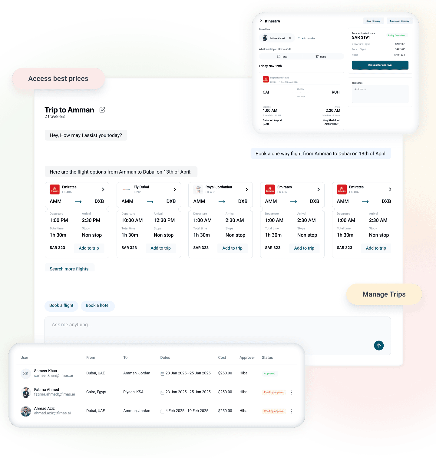 Travel management platform interface showing booking and management features